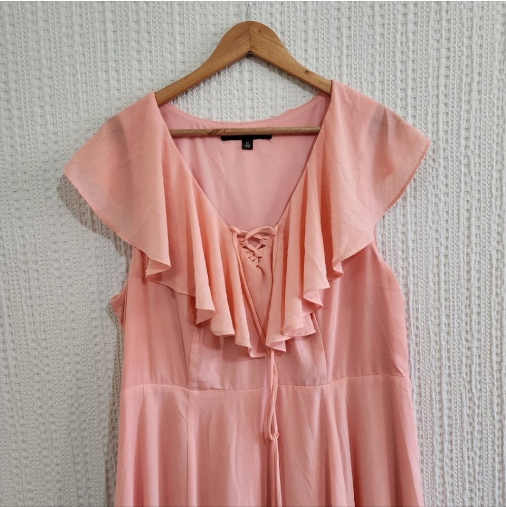 torrid | Apricot Lace Up High Low Ruffle Tier Layered Midi Dress - Picture 6 of 16